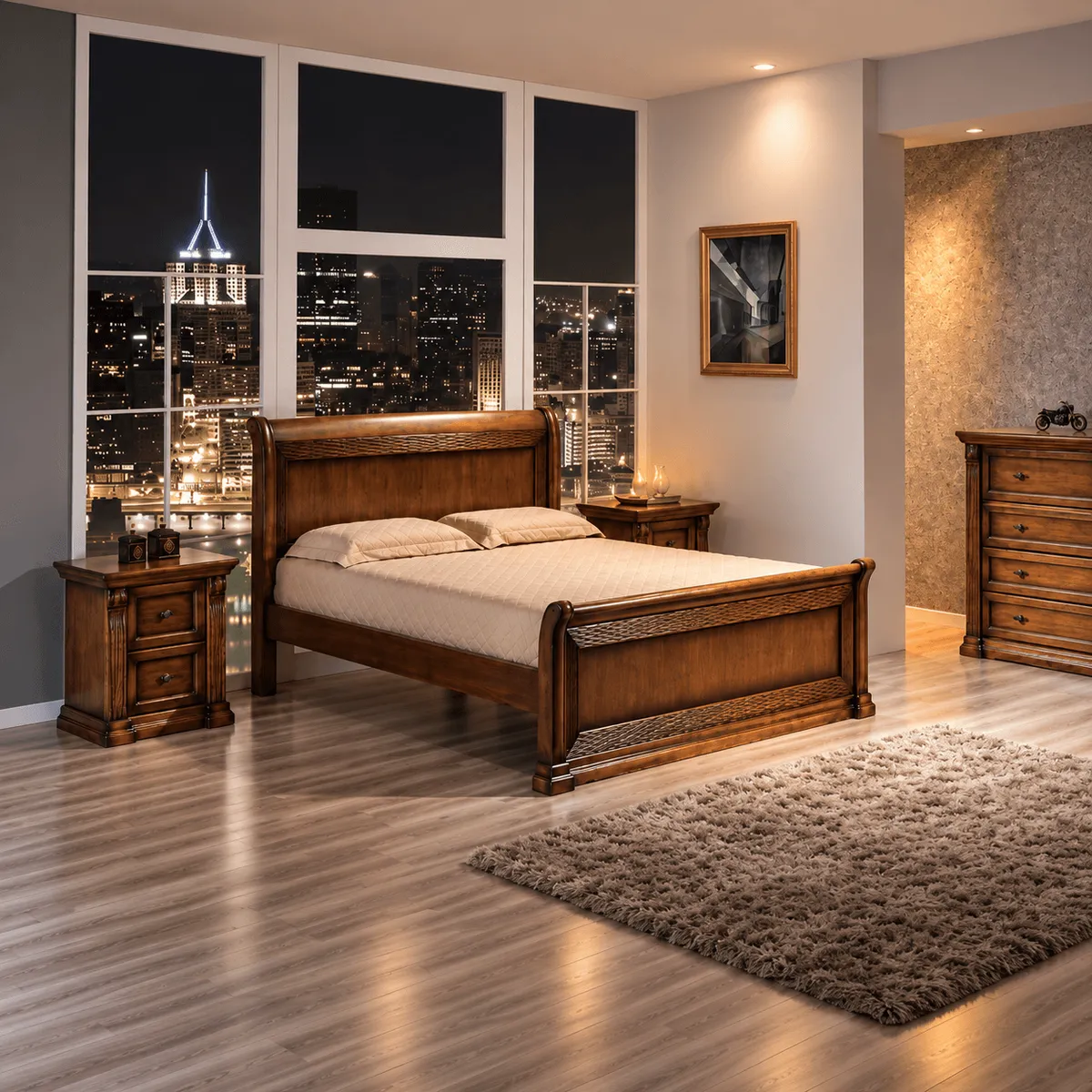 Cama de madeira entalhada em quarto com vista noturna da cidade