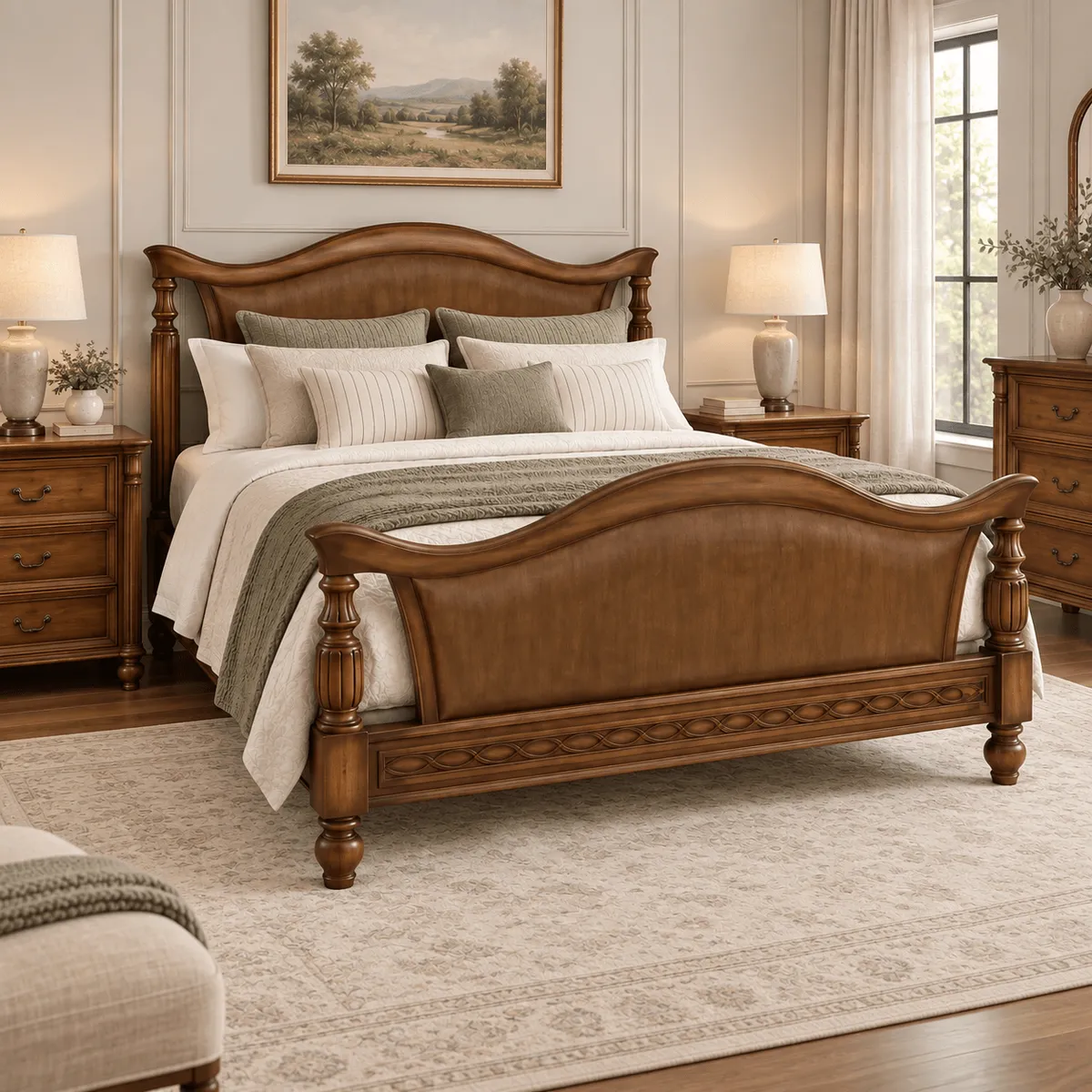 Cama com roupa de cama em tons verde-oliva e quadro de paisagem