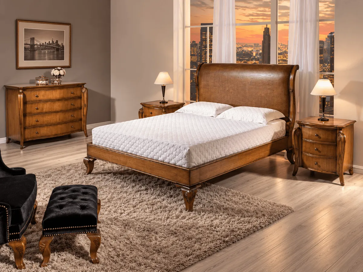Cama estofada em couro com vista para o pôr do sol da cidade