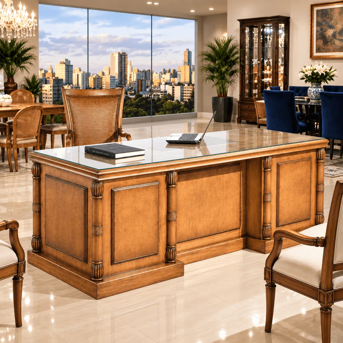 Mesa de escritório em madeira com tampo de vidro e vista panorâmica da cidade