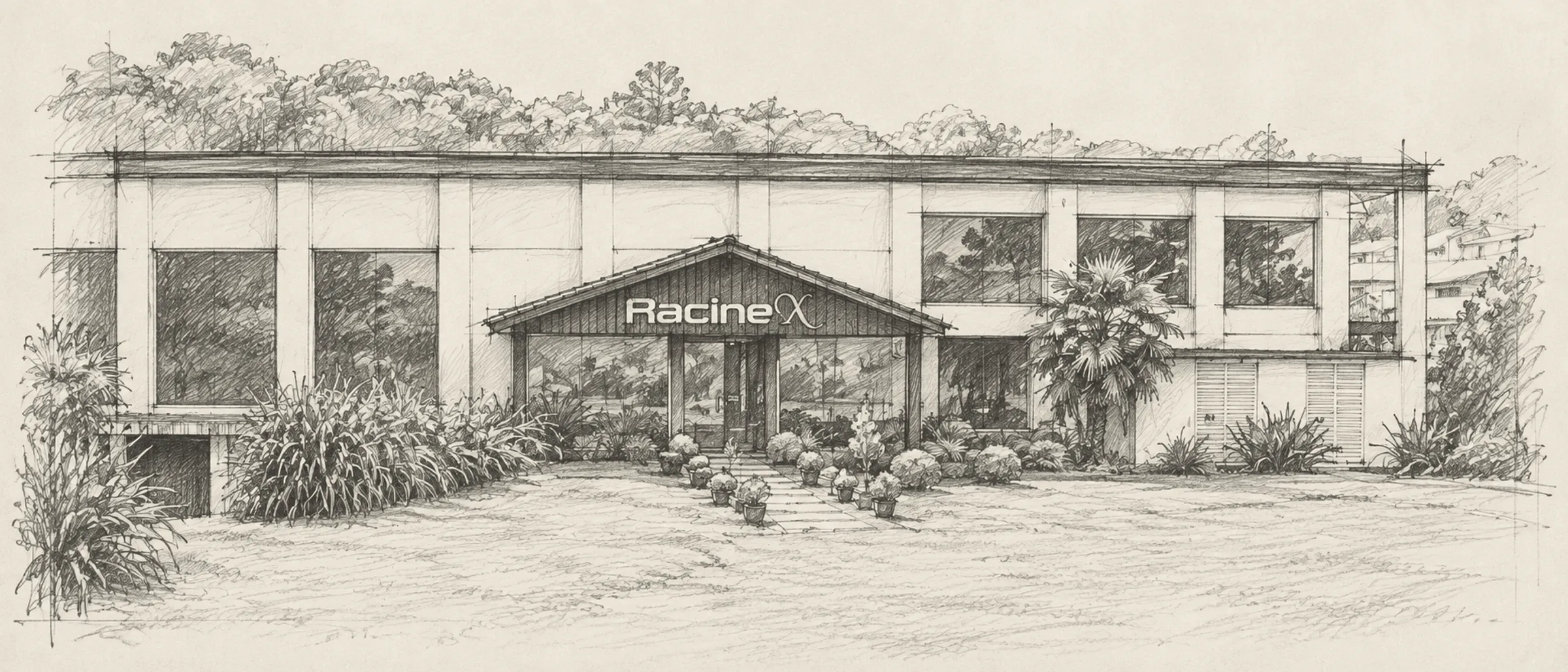 Desenho arquitetônico da fachada da fábrica Racine X em Gramado, RS