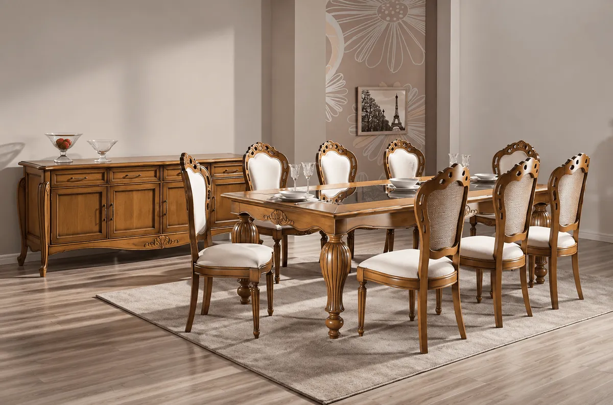 Sala de jantar com cadeiras estofadas claras e parede em papel de parede