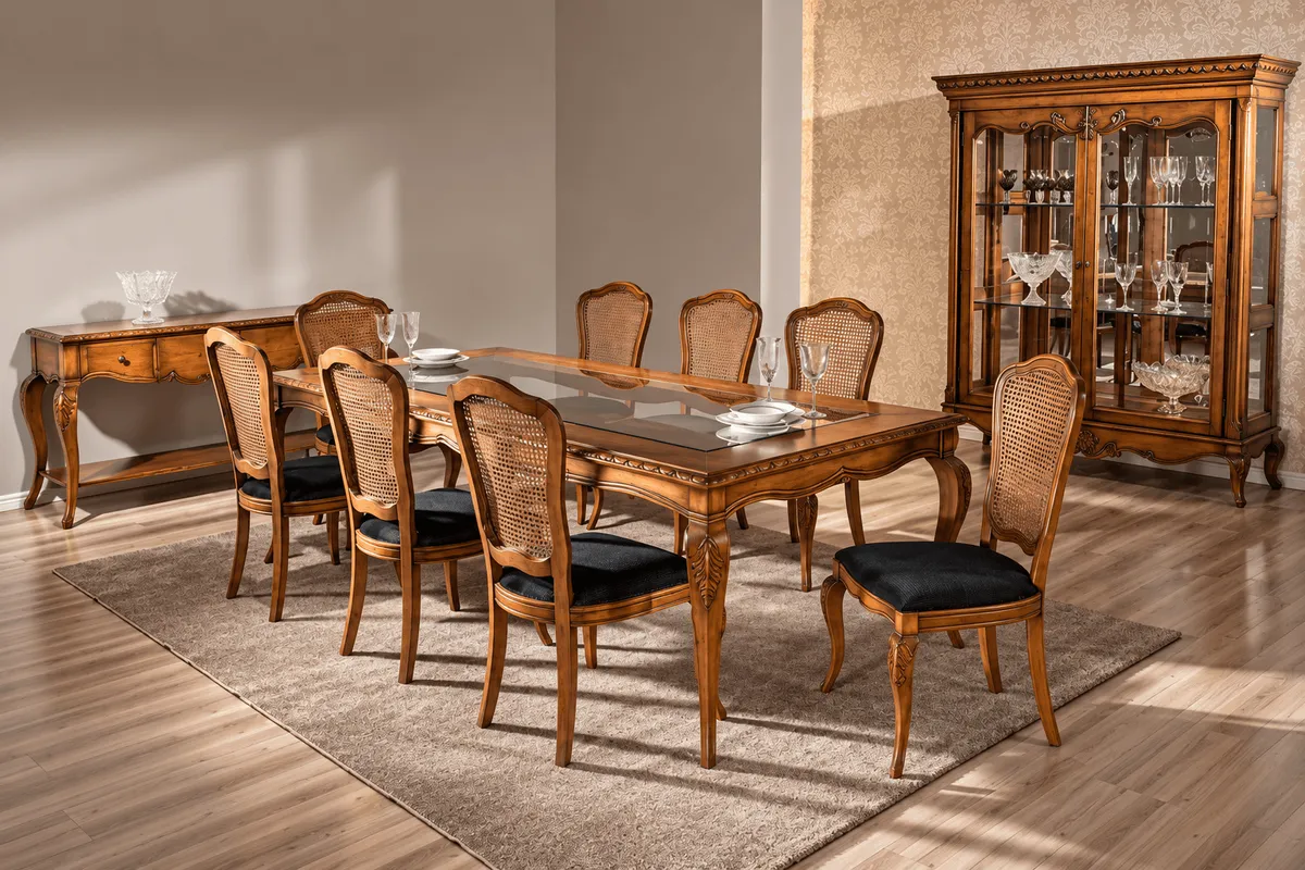 Mesa de jantar com cadeiras de encosto entalhado e assento em veludo escuro