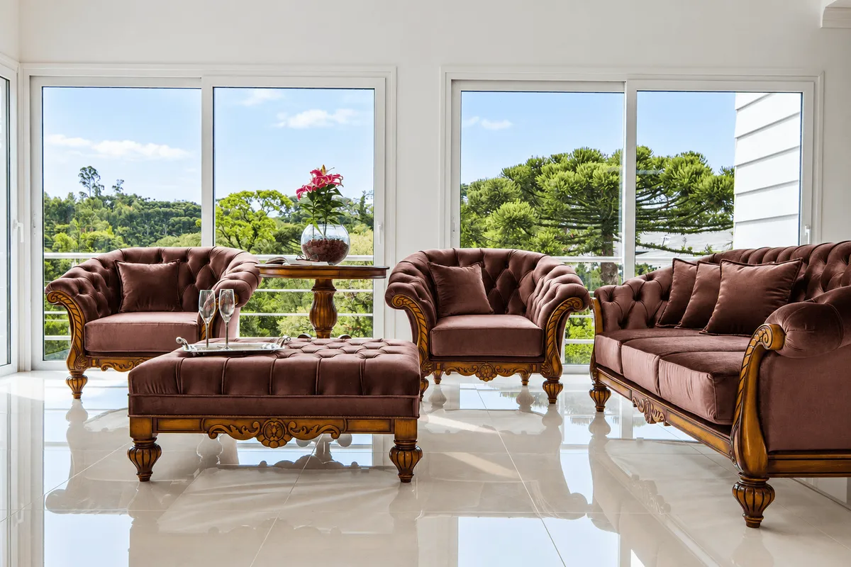 Poltrona e mesa de centro em sala de estar com vista para o jardim